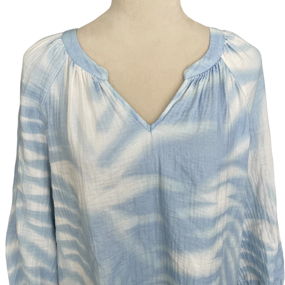 Soft Surroundings Floral White Blue Sky Top XL Ruched V-Neck Cottagecore Blouse - Picture 4 of 9